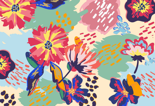 Vibrant floral wall mural with bold, hand-painted flowers in red, yellow, blue, and green.