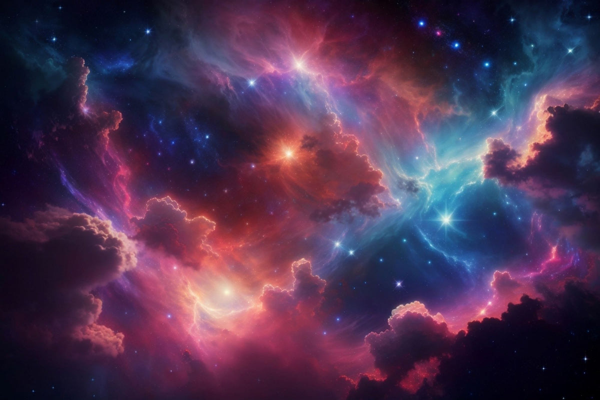 Celestial nebula wall mural featuring vibrant clouds of cosmic gas in blues, purples, and reds with glowing stars.