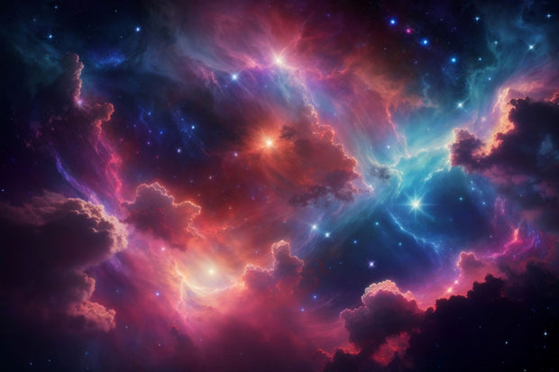 Celestial nebula wall mural featuring vibrant clouds of cosmic gas in blues, purples, and reds with glowing stars.