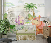 Watercolour little dinosaurs wall mural, perfect for decorating kids room or playroom.