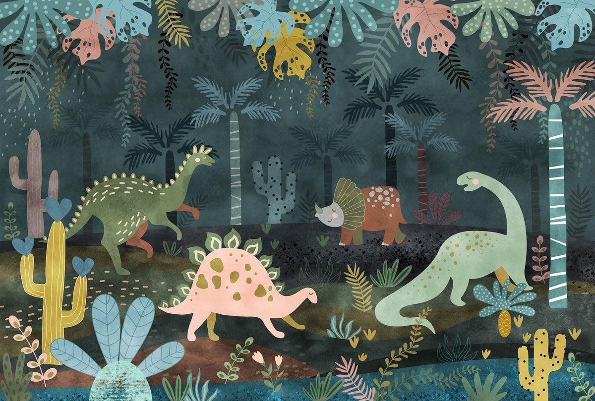 Dark jungle dinosaur wall mural featuring whimsical dinosaurs, exotic plants, and a deep green forest setting, perfect for nurseries and kids’ rooms.