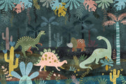 Dark jungle dinosaur wall mural featuring whimsical dinosaurs, exotic plants, and a deep green forest setting, perfect for nurseries and kids’ rooms.