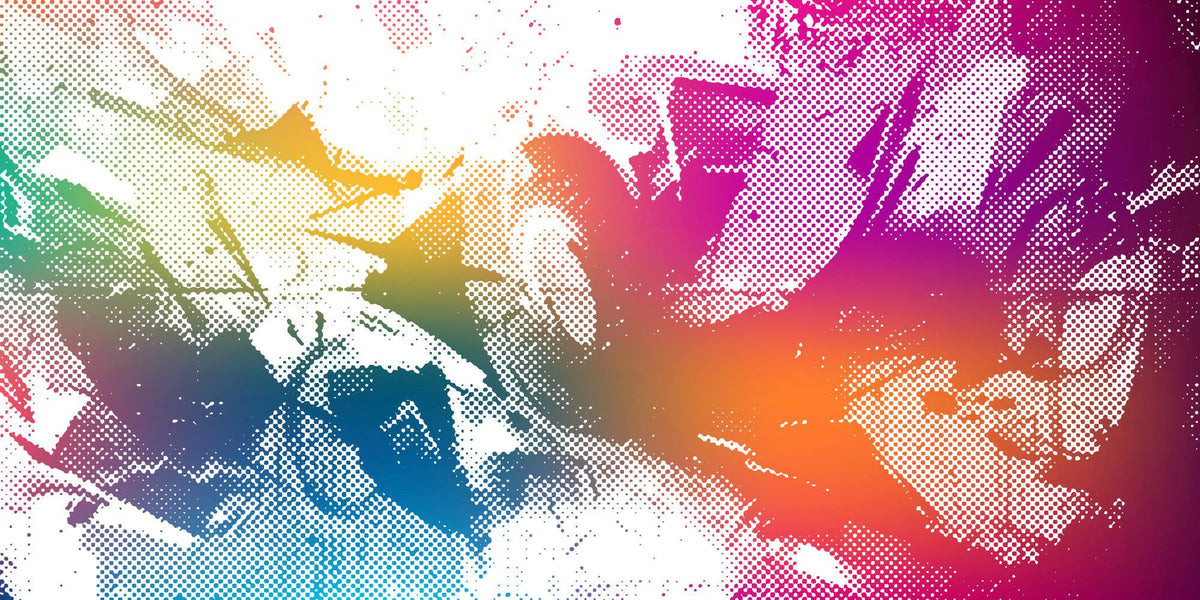 Vibrant pop art graffiti wall mural with halftone textures in orange, pink, blue, and yellow. Ideal for urban-style interiors, modern offices, and loft spaces.