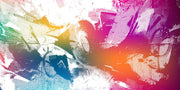 Vibrant pop art graffiti wall mural with halftone textures in orange, pink, blue, and yellow. Ideal for urban-style interiors, modern offices, and loft spaces.