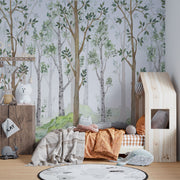 Scandinavian-style woodland forest wall mural featuring tall trees, green leaves, and a soft natural backdrop. Perfect for kids' rooms, nurseries, and peaceful nature-inspired decor.
