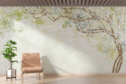 Elegant Blossom Wall Mural showcasing delicate floral branches with white blooms and a soft green gradient background, ideal for bedroom decor.