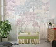 Soft Watercolor Forest Wall Mural with pastel trees in muted tones, creating a serene and dreamy natural atmosphere.