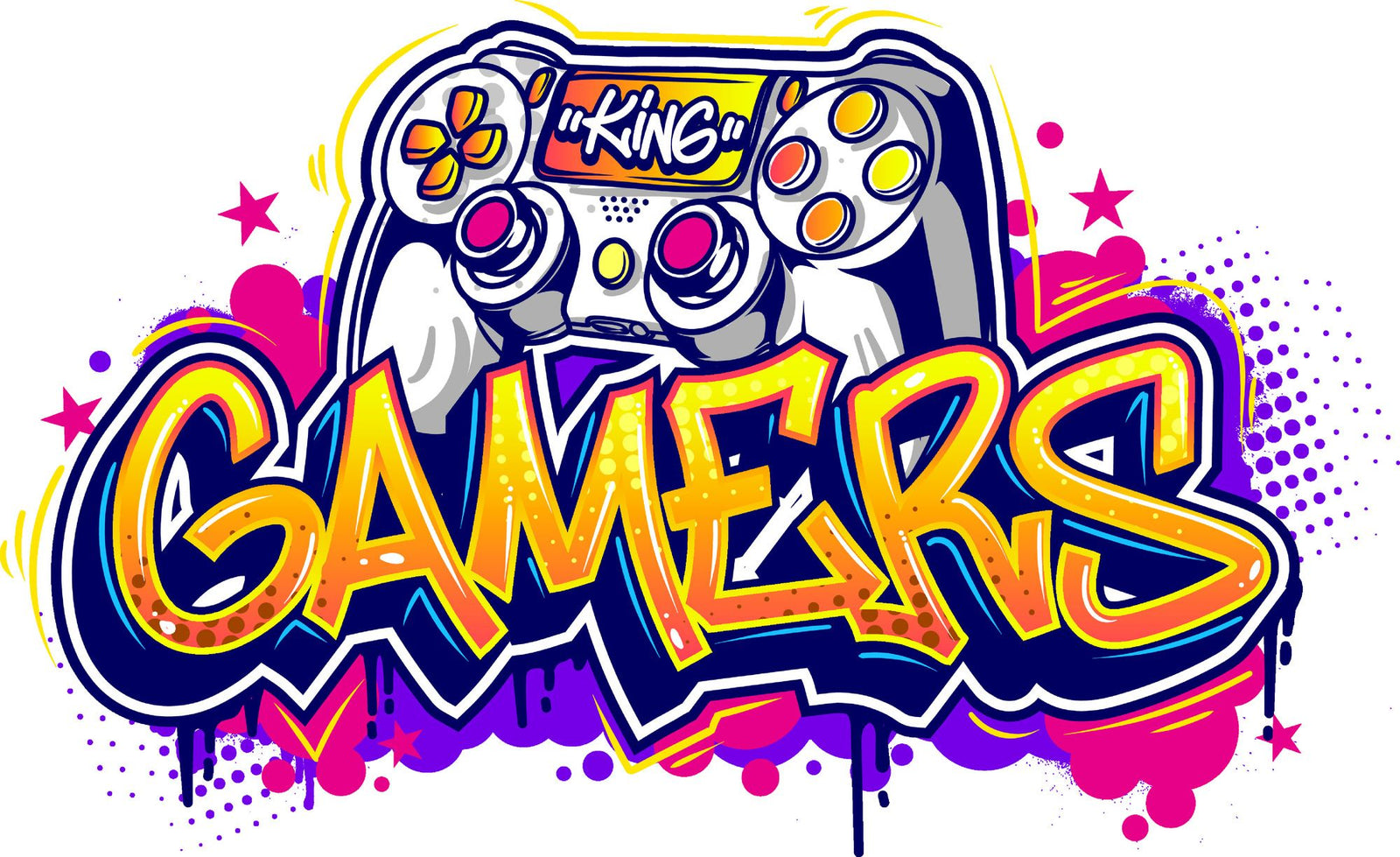 Graffiti-style gaming wall mural with a colorful controller, vibrant gamer room wallpaper for gaming setups and streamers.