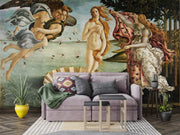 The Birth of Venus wall mural featuring Botticelli’s iconic Renaissance painting with vivid colors, classical figures, and luxurious decor setting.
