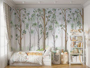 Scandinavian-style woodland forest wall mural featuring tall trees, green leaves, and a soft natural backdrop. Perfect for kids' rooms, nurseries, and peaceful nature-inspired decor.