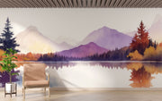 Watercolor mountain lake wall mural with warm autumn hues, reflecting trees, and serene nature-inspired scenery.
