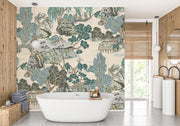 Detailed view of Chinoiserie mural showcasing hand-illustrated trees, pavilions, and serene water features in soft jade, taupe, and ivory tones; decorating a bathroom.