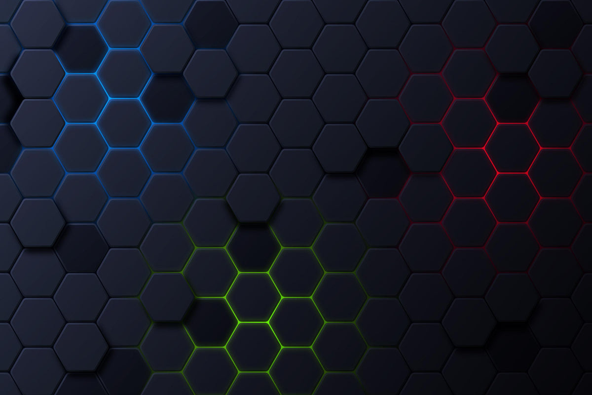 Futuristic Hexagonal Grid Wall Mural – 3D LED-Inspired Honeycomb Wallpaper with RGB Lighting Effects in Blue, Green, and Red for Gaming and Modern Interiors.