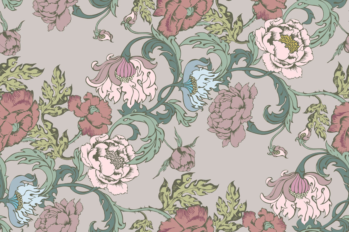 Garden bloom wall mural with pastel pink, green, and blue peonies and leaves.