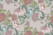 Garden bloom wall mural with pastel pink, green, and blue peonies and leaves.