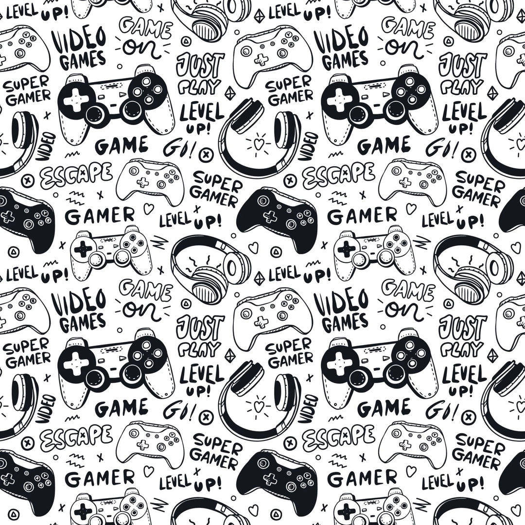 Black-and-white gaming-themed door mural featuring video game controllers, gamer doodles, and phrases like "Level Up!" and "Just Play!"