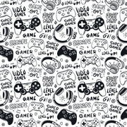 Black-and-white gaming-themed door mural featuring video game controllers, gamer doodles, and phrases like "Level Up!" and "Just Play!"