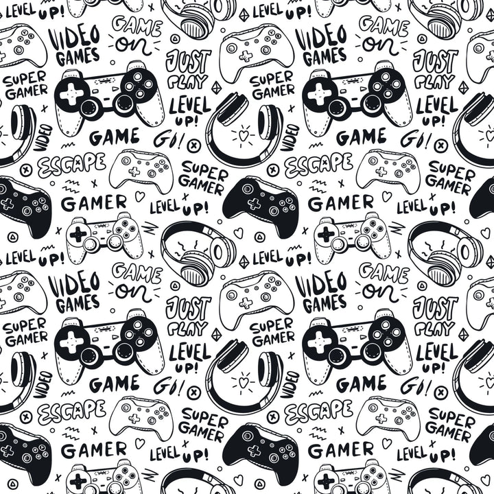 Black-and-white gaming-themed door mural featuring video game controllers, gamer doodles, and phrases like "Level Up!" and "Just Play!"