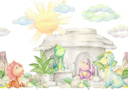 Pastel dinosaur wall mural with soft watercolor-style dinosaurs, a cozy stone cave, lush greenery, and a glowing sun, perfect for nurseries and playrooms.