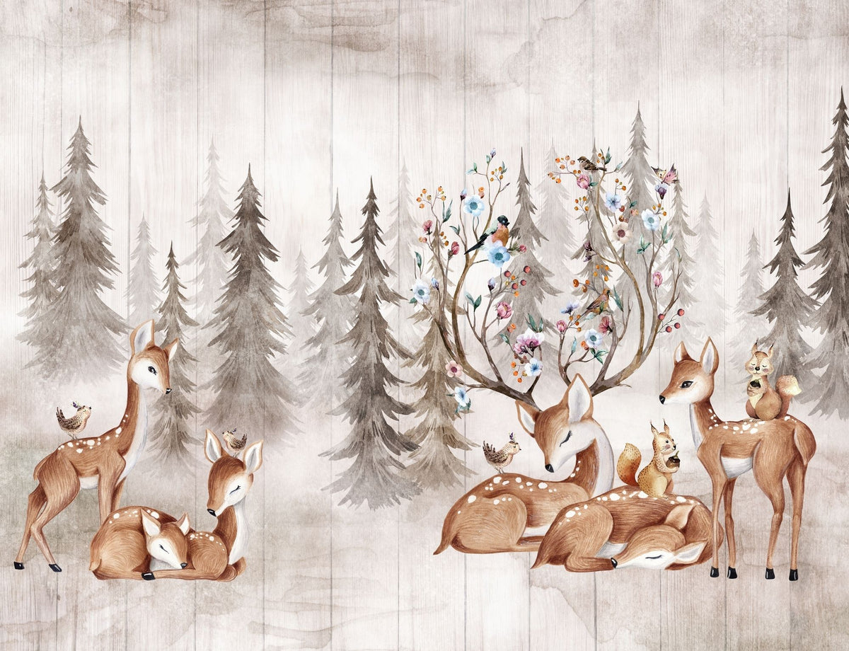 Enchanted meadow nursery wall mural with watercolor forest animals.