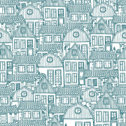 Sketch house wall mural featuring hand-drawn village-style houses with rooftops and windows, creating a cozy and artistic room atmosphere.