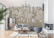 Earthy botanical line art wall mural featuring soft beige, sage green, taupe, and brown tones with intricate botanical swirls and geometric accents.