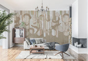 Earthy botanical line art wall mural featuring soft beige, sage green, taupe, and brown tones with intricate botanical swirls and geometric accents.