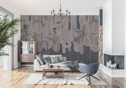 Dark botanical line art wall mural with charcoal grey, deep red, and taupe geometric elements, featuring intricate white botanical detailing.