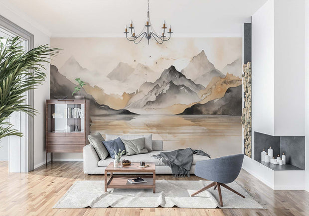 Watercolor Beige Mountain Wall Mural – Hand-Painted Landscape Wallpaper with Misty Peaks, a Sailing Boat, and Soft Earthy Tones for Elegant Interiors.