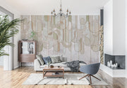 Elegant abstract line art wall mural with soft sage green, beige, and gold botanical-inspired details, ideal for modern and minimalist interior decor.