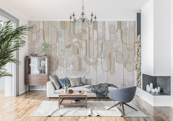 Elegant abstract line art wall mural with soft sage green, beige, and gold botanical-inspired details, ideal for modern and minimalist interior decor.