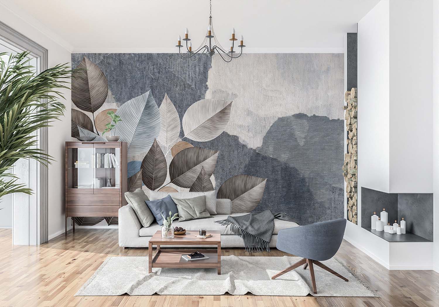 Modern Abstract Leaf & Mountain Wall Mural – Artistic Textured Wallpaper with Botanical Elements and Nature-Inspired Design in Blue, Taupe, and Beige.