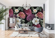 Dark Floral Wall Mural – Vintage Peony & Rose Wallpaper with Dramatic Black Background for Elegant and Luxurious Interiors.