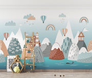 Scandinavian-style mountains wall mural with hot air balloons, rainbows, and cozy landscapes in soft earthy tones – perfect for kids' rooms and nurseries.