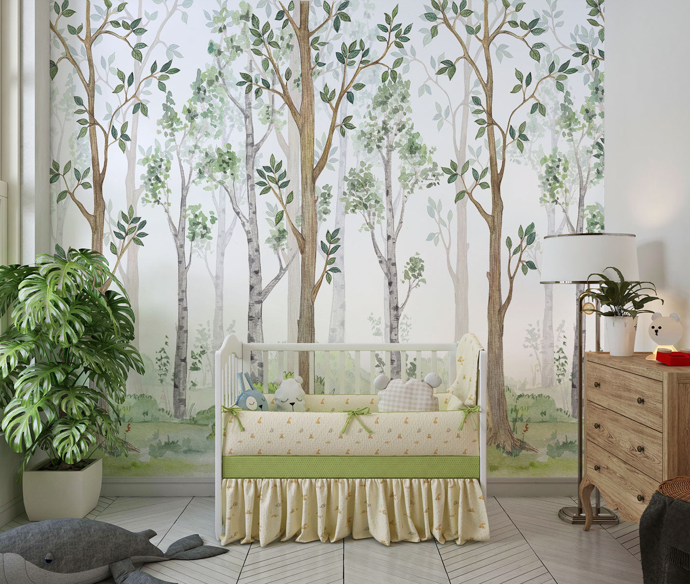 Scandinavian-style woodland forest wall mural featuring tall trees, green leaves, and a soft natural backdrop. Perfect for kids' rooms, nurseries, and peaceful nature-inspired decor.