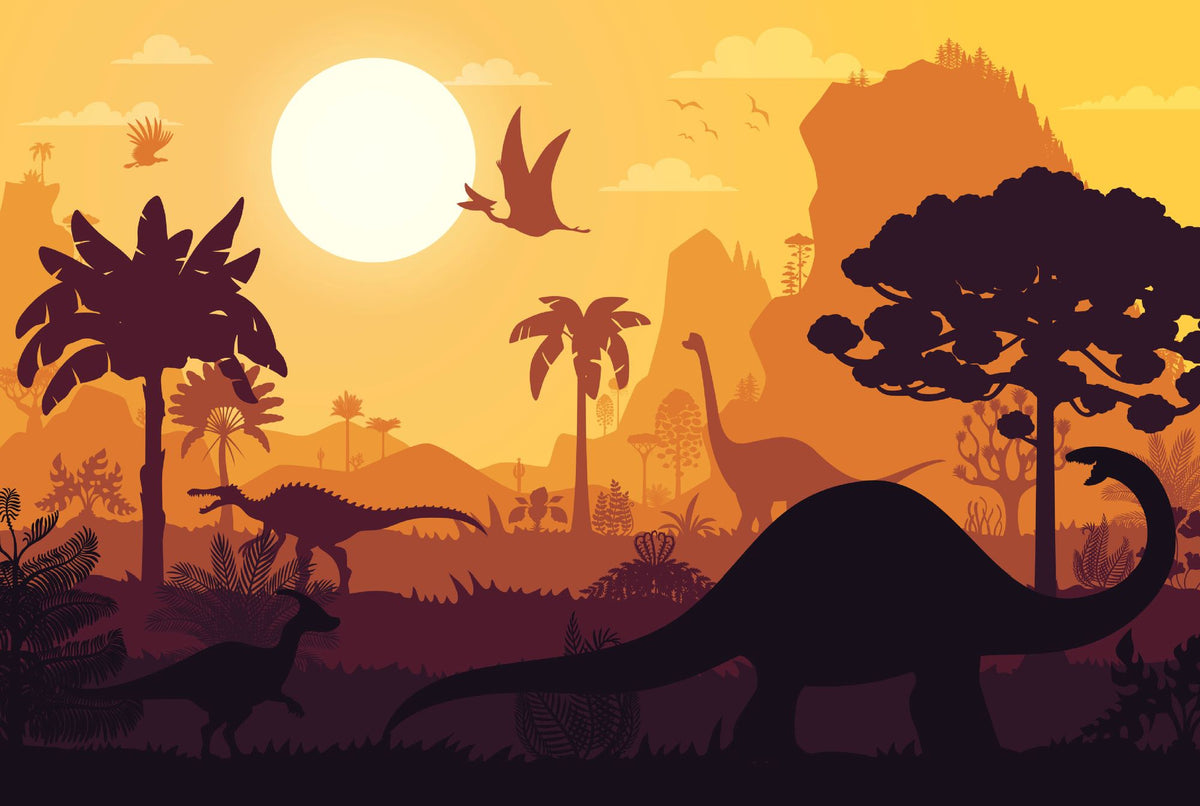 Kids’ dinosaur wall mural featuring silhouettes of Brachiosaurus, Pterosaurs, and prehistoric trees against an orange sunset, ideal for a playful bedroom or playroom.