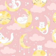Moon-and-cat-themed wall mural featuring pastel pink tones, crescent moons, sleepy cats, and stars.