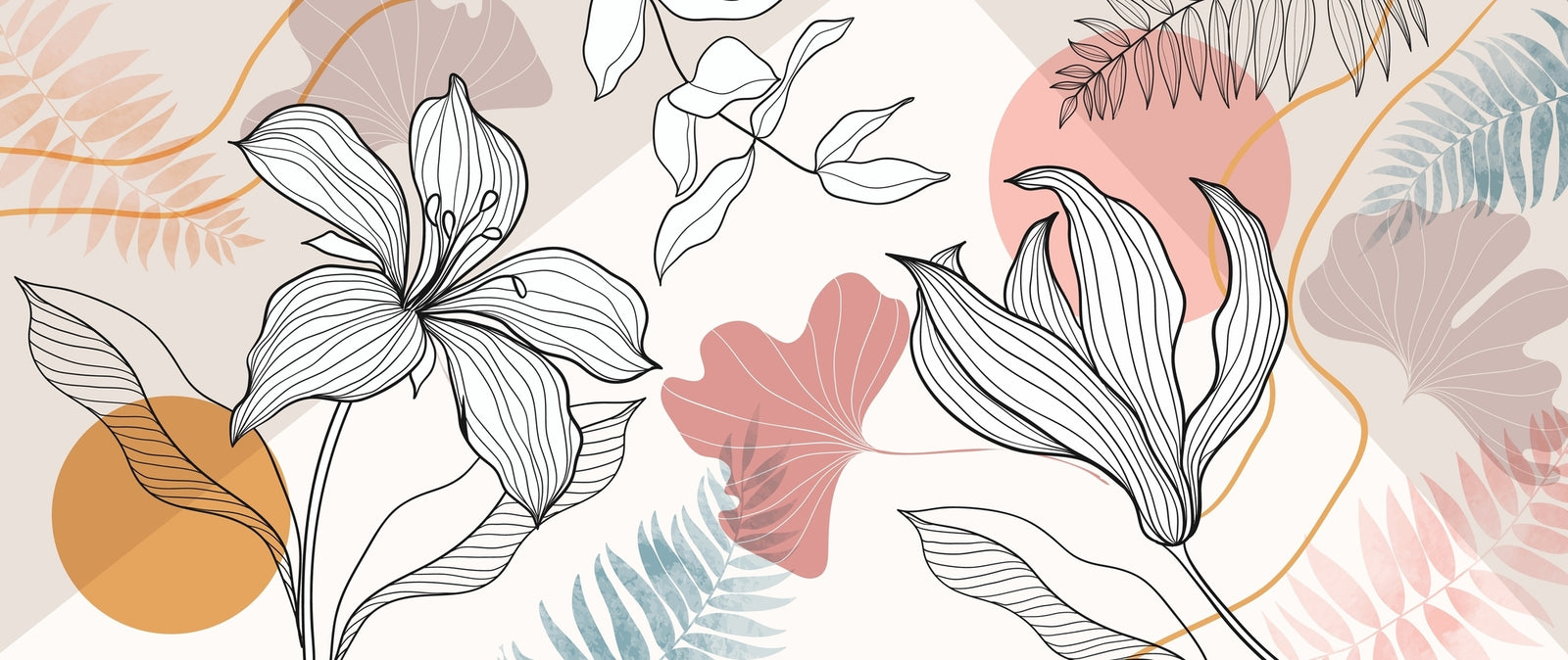 Decorative banner with stylized floral and leaf designs on a light background