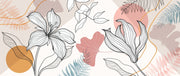 Decorative banner with stylized floral and leaf designs on a light background