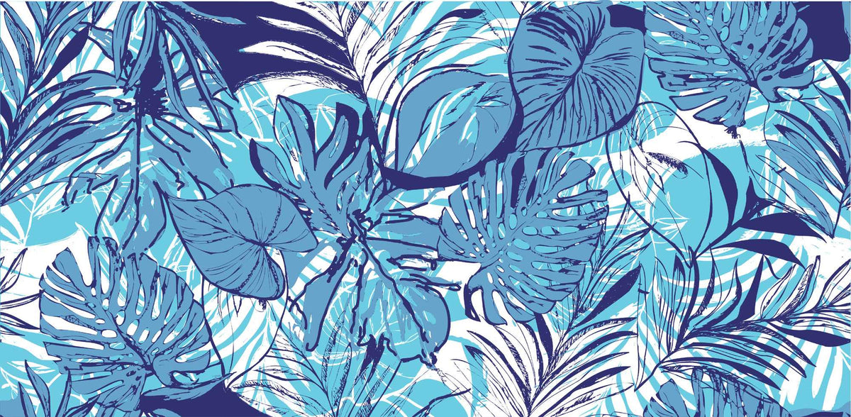 Tropical blue leaf wall mural featuring bold illustrations of large leaves in vibrant aqua and navy tones.