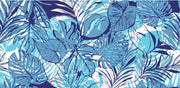 Tropical blue leaf wall mural featuring bold illustrations of large leaves in vibrant aqua and navy tones.