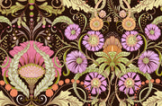 Opulent bloom wall mural with intricate lilac, peach, and green flowers on a dark background.