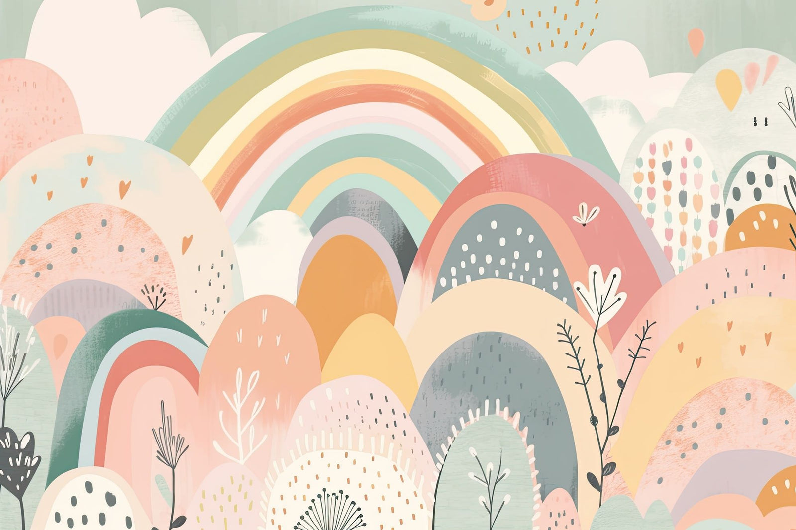Colorful rainbow hills wall mural with soft pastel tones, whimsical hand-painted patterns, and playful botanical details – perfect for a kids’ bedroom or nursery decor.