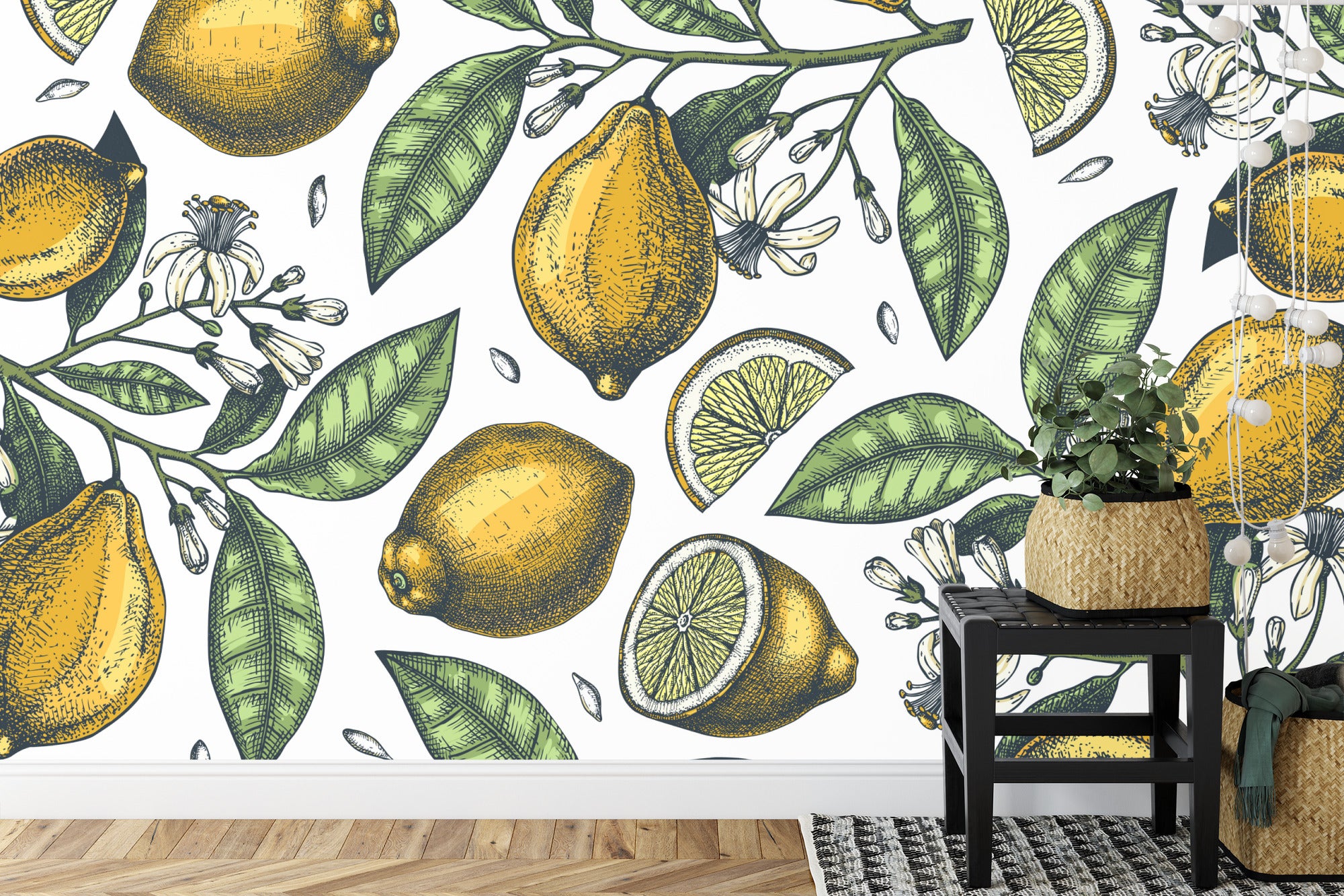 Lemon tree branch illustration wall mural image 0