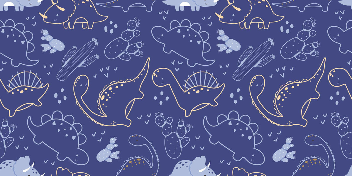 Navy blue dinosaur wall mural with outlined dinos, cacti, and doodles in a playful, modern style—perfect for kids' rooms.