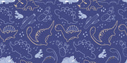 Navy blue dinosaur wall mural with outlined dinos, cacti, and doodles in a playful, modern style—perfect for kids' rooms.