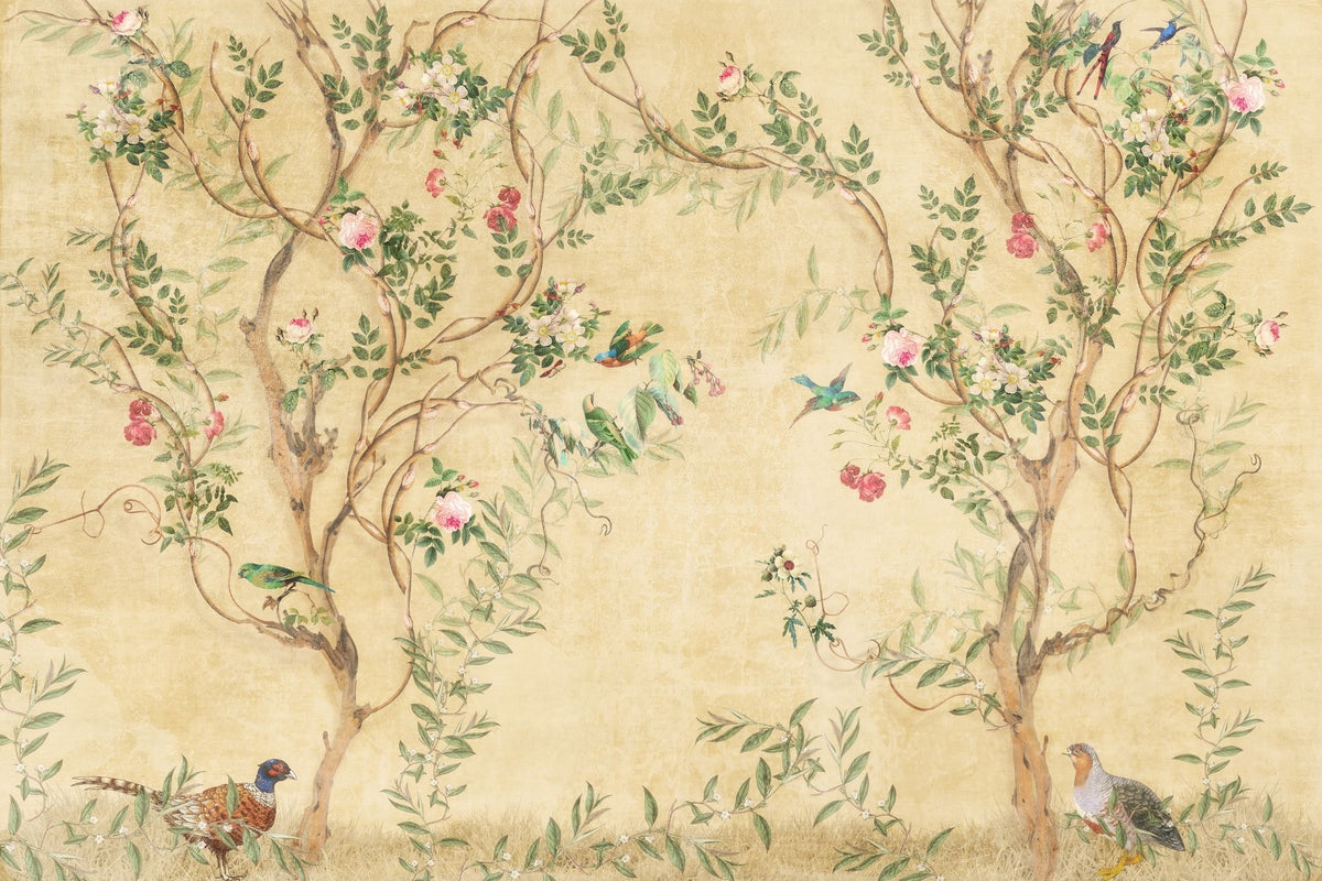 Elegant chinoiserie-style wall mural featuring delicate tree branches, blooming flowers, and colorful birds on a vintage beige background
