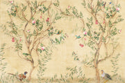 Elegant chinoiserie-style wall mural featuring delicate tree branches, blooming flowers, and colorful birds on a vintage beige background