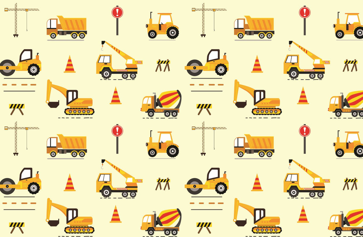 Excavators and dumpers wall mural featuring yellow trucks, cranes, diggers, and traffic cones on a light background, perfect for a boy's bedroom.