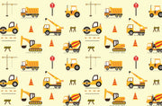 Excavators and dumpers wall mural featuring yellow trucks, cranes, diggers, and traffic cones on a light background, perfect for a boy's bedroom.